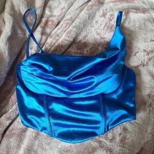 Urban Outfitters Kiss The Sky blue satin asymmetrical strap corset top size xs